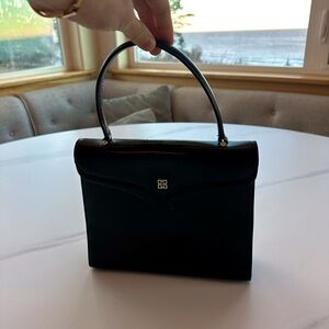 Givenchy Vintage Kelly Black Handbag Satchel Flap Antique Gold Logo Emblem Bag